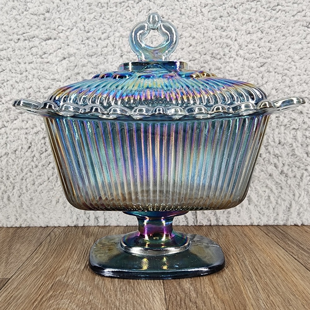 Vintage Blue Carnival Glass Lidded Candy Dish Ribbed Lace Edge Footed Compote